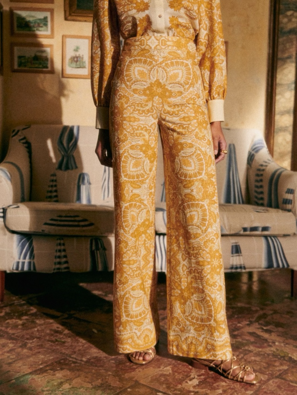 Sezane Tyler Zini Print Yellow Paisley Wide-Leg Pants